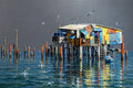 Colorful stilt house over reflective water beneath a moody sky with birds