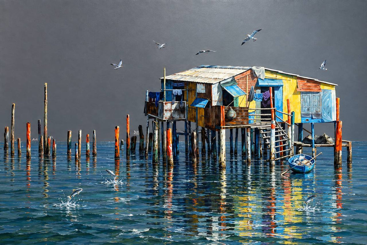 Colorful stilt house over reflective water beneath a moody sky with birds